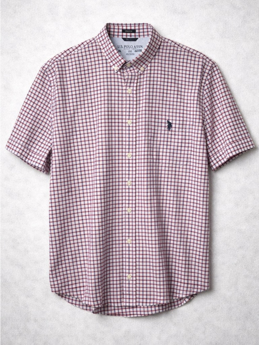 U.S. Polo Assn Red Blue Check Button Down Shirt 2XL Mens Short Sleeve Stretch